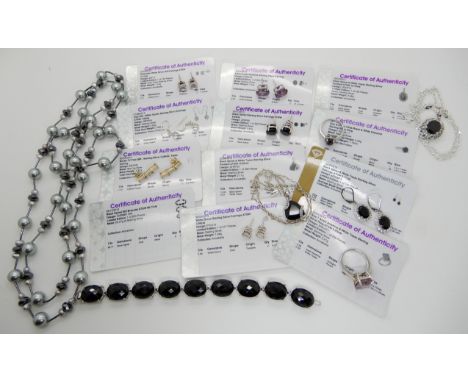 A collection of silver and costume jewellery to include black spinel bracelet, ametrine ring and earrings and other items, wi