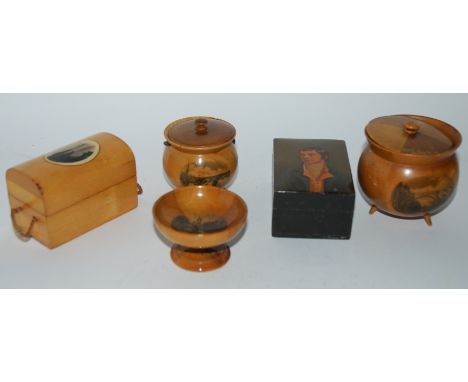 Five items of Mauchline ware including box with portrait of Robbie Burns, domed box etc Condition Report: Available upon requ