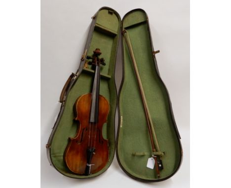 A two piece back violin 36cm with a bow and viola case Condition Report: There are scuff marks to the boards and beaks with l