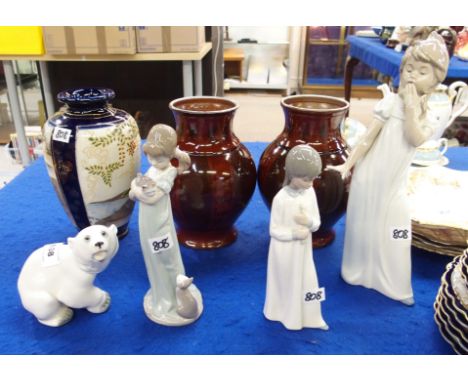 A Lladro figure of a girl and kittens, two Nao figures, Lomonsov polar bear, Satsuma vase and a pair of metal vases Condition