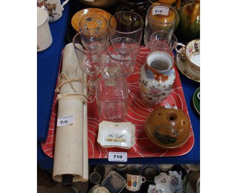 Chinese scroll, six antique glasses, Mauchline string container and other items Condition Report: Available upon request
