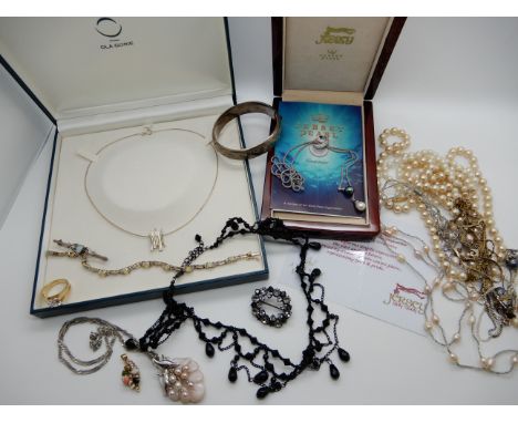 A boxed Ola Gorie necklace, a Jersey pearls silver lariat style necklace, an opal bracelet and brooch and other items Conditi