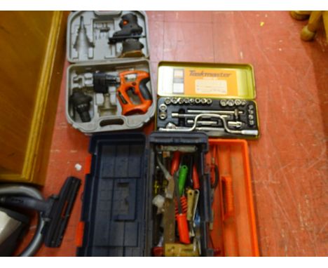 Plastic toolbox and contents, metal cased Taskmaster socket set and Black &amp; Decker Quatro KC2000F 12v multi-tool (incompl