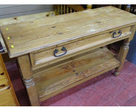 Pine console/hall table with single drawer, iron handles and undershelf