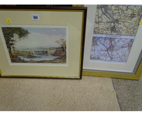 KEITH ANDREW limited edition (366/1000) print - view of Menai Suspension Bridge and a modern dual OS map depicting Rhuddlan i