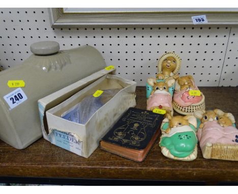 Vintage stoneware hotwater bottle, a boxed glass feeder, a small quantity of Pendelfin figurines etc
