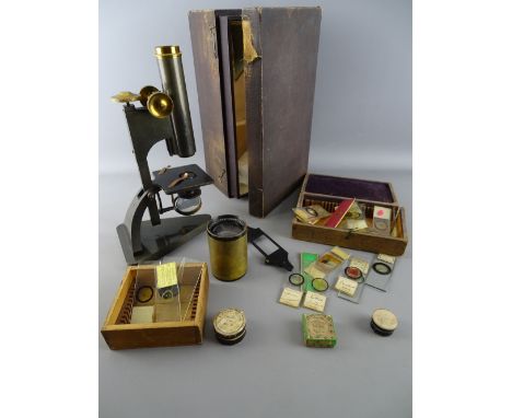 R &amp; J Beck Ltd, London monocular microscope, no. 19999, with lenses etc and a box of glass slides