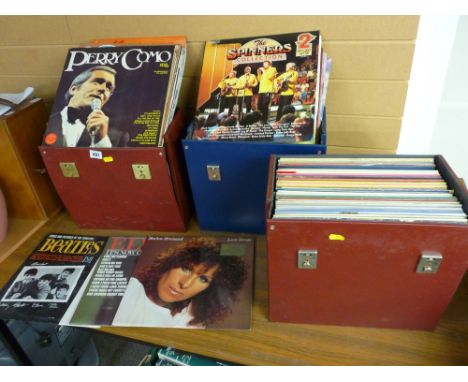 Collection of vintage vinyl LPs in three carry cases, titles by The Beatles, classical, soundtracks and compilation, Mario La