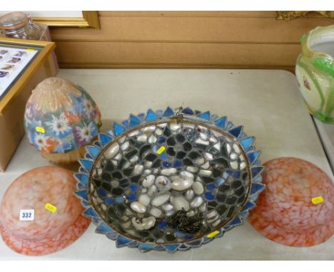 Leaded glass and mother of pearl ceiling lightshade, two mottled glass and one floral painted example