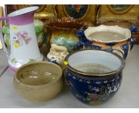 Carltonware blue lustre and enamel decorated jardiniere, three further Victorian pottery examples etc
