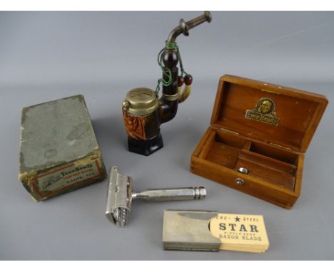 Near mint Eveready razor in mahogany box and outer box and a vintage tobacco pipe with horn mouthpiece