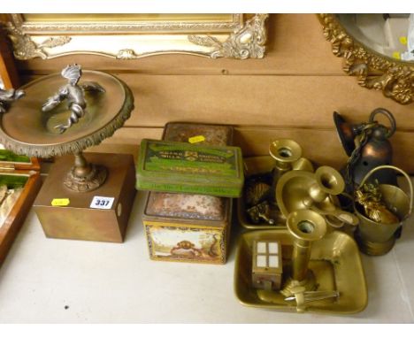 Dragon decorated metal tazza on stand, a selection of vintage brass and other metalware and two vintage tins