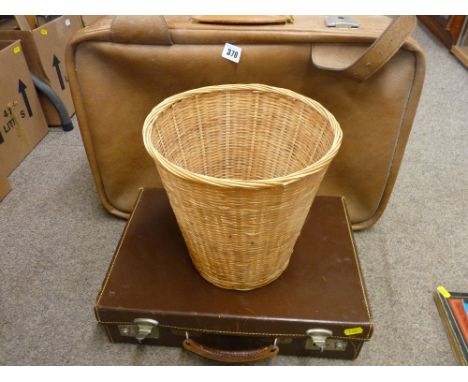 Vintage case with 'E R' and crown stamp, a mid Century suitcase and a wicker wastepaper basket