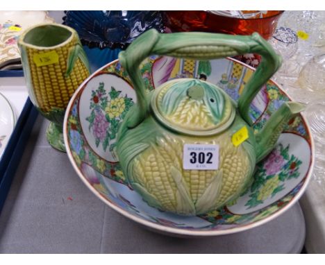 Majolica corn on the cob teapot and similar style vase with a Chinese export porcelain fruit bowl