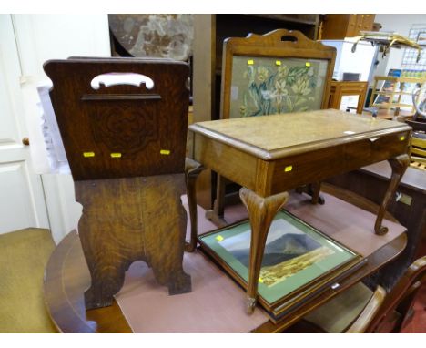 Polished wood piano stool with vintage music contents, a tapestry firescreen, magazine/music stand and two prints - mountain 
