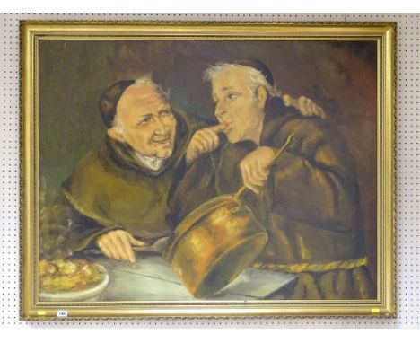 ROBERT ARTINGSTALL large gilt framed oil on canvas depicting two gleeful monks after the original Old Master, signed