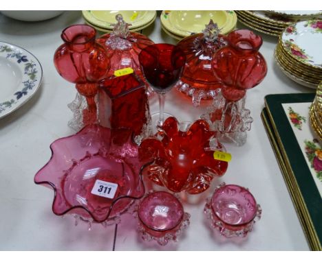 Mixed selection of cranberry and ruby glass bowls and vases etc