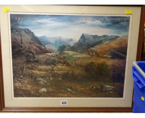 GWYNETH TOMOS limited edition (19/1200) print depicting a mountain shepherd and his flock, signed in pencil