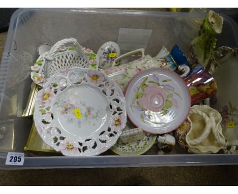 Crate of decorative pottery and china, two vintage style mantel clocks etc
