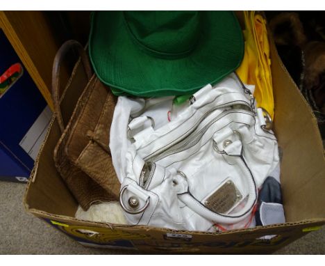 Box of vintage bags, clothing and linen