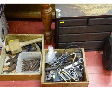 Small wooden two over three drawer chest and two wooden boxes of hand tools, spanners, drill bits etc