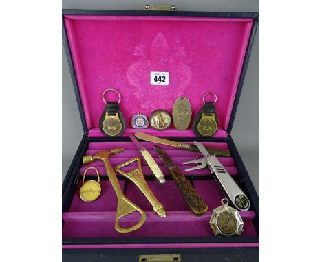 Modern jewellery box and a collection of vintage pocket knives, Jack Daniels key fobs etc