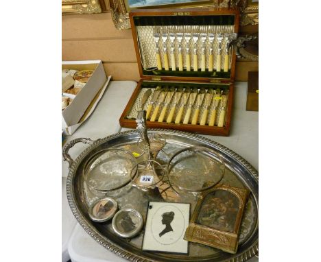 Twin handled EPNS tray, a vintage copper plate in a fancy frame, a cased quantity of chased decorated fish knives and forks e