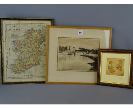 W L LLOYD framed watercolour - titled 'Castell Rhuddlan', dated 1960, a tinted map of Ireland all in Gaelic and a small moder