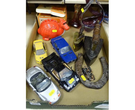 Mixed group of collectables to include model cars, vintage flat irons, hand held slide viewer etc