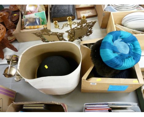 Vintage bowler hat, selection of lady's hats and six EP Champagne goblets