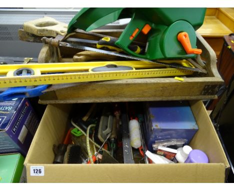 Box of various garage items including a vintage bit and brace, wooden tray of saws, crow bar, spirit level etc