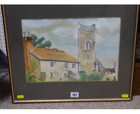 Watercolour study - village scene with church tower, initialled 'K ??'