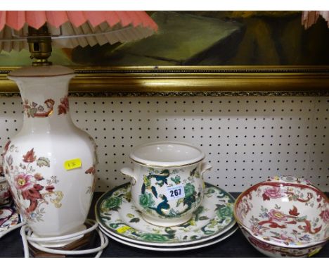 Masons Mandalay Red pottery table lamp with shade and two handled dish along with two Chartreuse pattern plates and pottery p