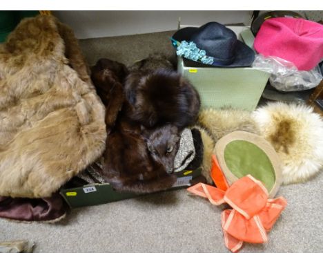 Box of fur stoles, vintage coat and a quantity of hats within a box