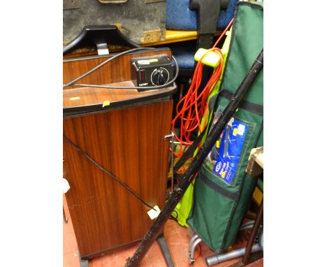 Mixed parcel including long handled garden tools, strimmer, fold-up camping bed, metal cased snooker cue and a Corby trouser 