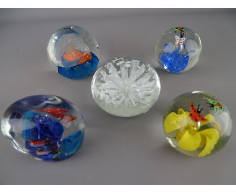 Five vintage glass paperweights having fish, butterfly and anemone decoration