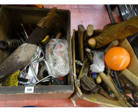 Wooden box of various hand tools and a box of vintage hand tools and jack etc