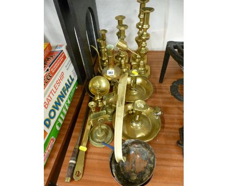 Collection of vintage brass candlesticks, chambersticks and other metalware