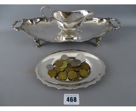 EP four footed twin handled dish, gravy boat on stand and a quantity of vintage British and other coinage