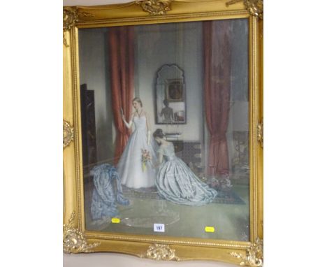 Gilt framed classical print of a young girl with attendant