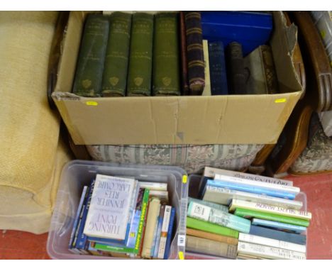Box and two small plastic crates of vintage and other books