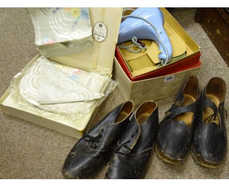 Boxed vintage Pifco hairdryer, an embroidered tablemat etc and two pairs of vintage style clogs/shoes