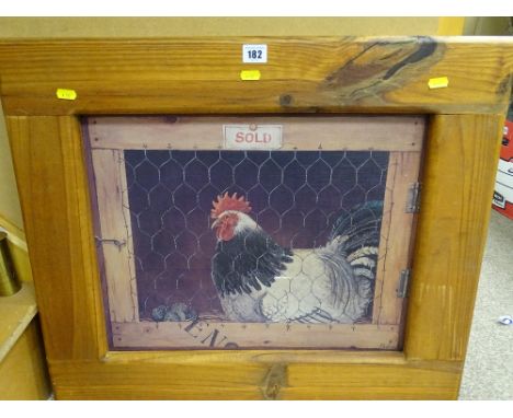 Rustic pine framed print of a rooster in a coop 