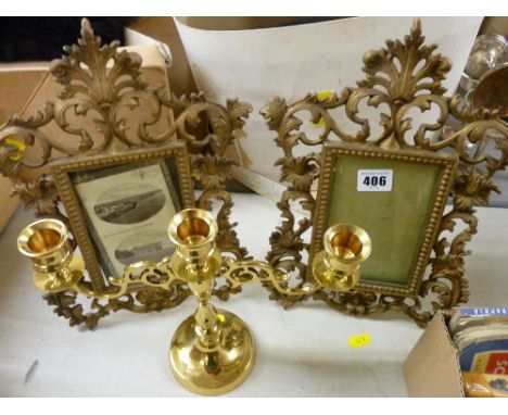 Pair of vintage cast metal portrait frames and a modern brass candelabra