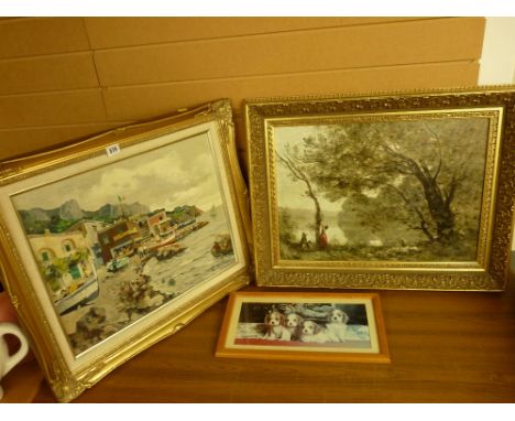 R MARIANI? gilt framed oil on canvas - Mediterranean beach scene with boats and people, a gilt framed classically styled prin