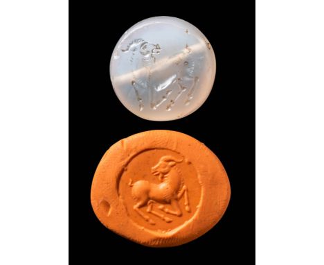 Ca. 1st - 3rd century AD. A quartz stamp seal with the depiction of a goat or ibex.Size: 15mm x 18mm; Weight: 4.26gProvenance