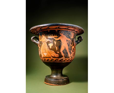 Ca. 375 - 350 BC. A large krater with an inverted bell-shaped body that tapers towards a thick, disc-shaped base. Two loop ha