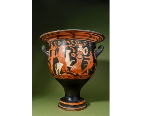 Ca. 360 - 350 BC. A bell krater attributed to the Black Thyrsus Painter with an inverted bell-shaped body tapering towards a 