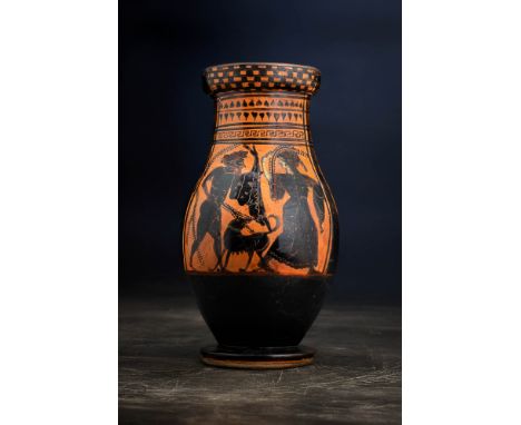 Ca. 550 BC.A black-figure olpe with a rounded body, a narrow neck, a pronounced rim, and a strap handle extending from the mi