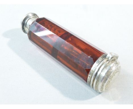 RUBY RED GLASS FLUTE CUT DOUBLE-ENDED SCENT BOTTLE AND VINAIGRETTE WITH SILVER TOPS CIRCA 1870 (L: 10 cm)